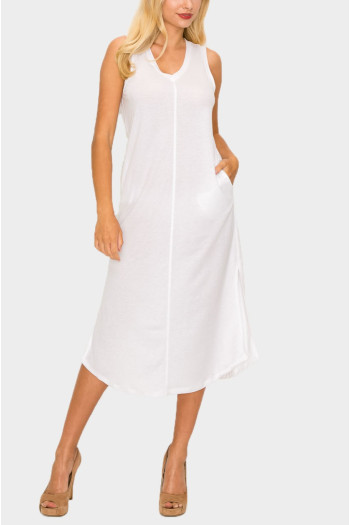 CHAMBRAY JERSEY V NECK POCKET MIDI DRESS